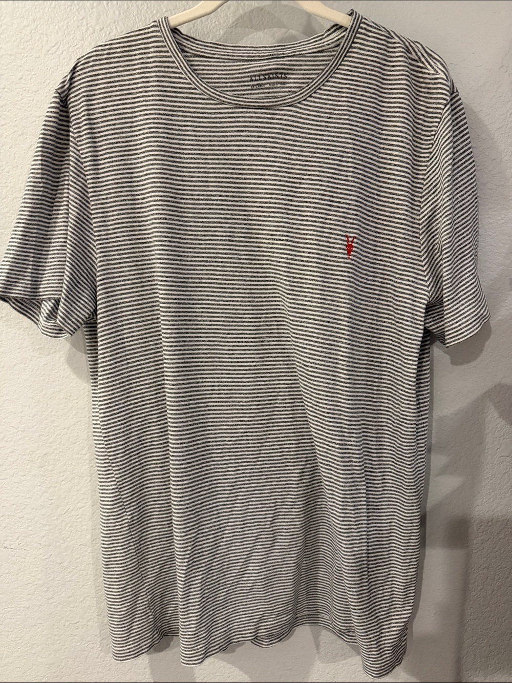 All Saints Men's Striped Crew Tee in White and Black with Red Chest Detail